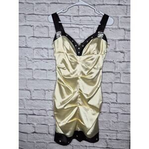 VTG Y2K Xtraordinary Satin Ruched Mini Dress Rhinestone Champagne Black Size 5